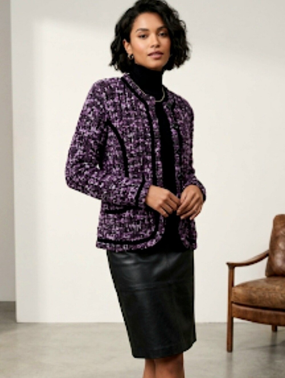 Liz Claiborne Vintage Wool Blend Boucle Knit Cardigan Velvet Trim Size Large